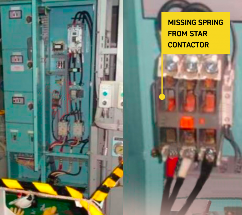 A photo of an IG scrubber pump starter contacts and the missing star contactor spring.