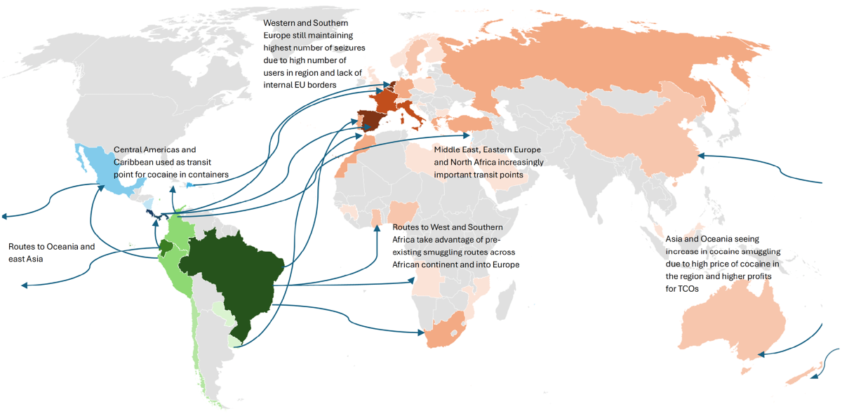 Drug trafficking in shipping - a map of the world showing drug smuggling routes and emerging hotspots.