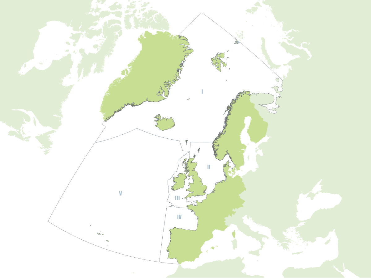 A map showing the area of application and the 16 contracting parties to the The Convention for the Protection of the Marine Environment of the North-East Atlantic (the OSPAR Convention) - 15 European Countries and the European Union.